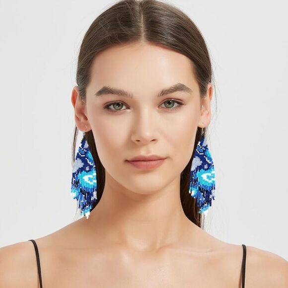 Abstract Bohemian Seed Bead Tassel Dangling Statement French Wire Hook Earrings - Picture 5 of 10